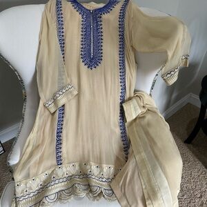 Cream and Blue Embroidered Dress